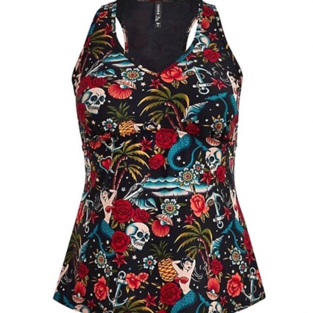 Torrid Size 2 (18-20) Mermaid Skull tattoo Tankini Racerback swim top